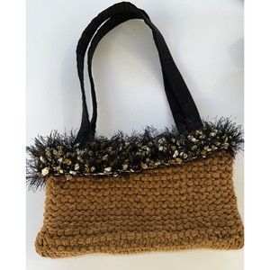 Purse Home Made Knit Tan Black Boho Vintage Vibe Charming One of a Kind Hand Bag